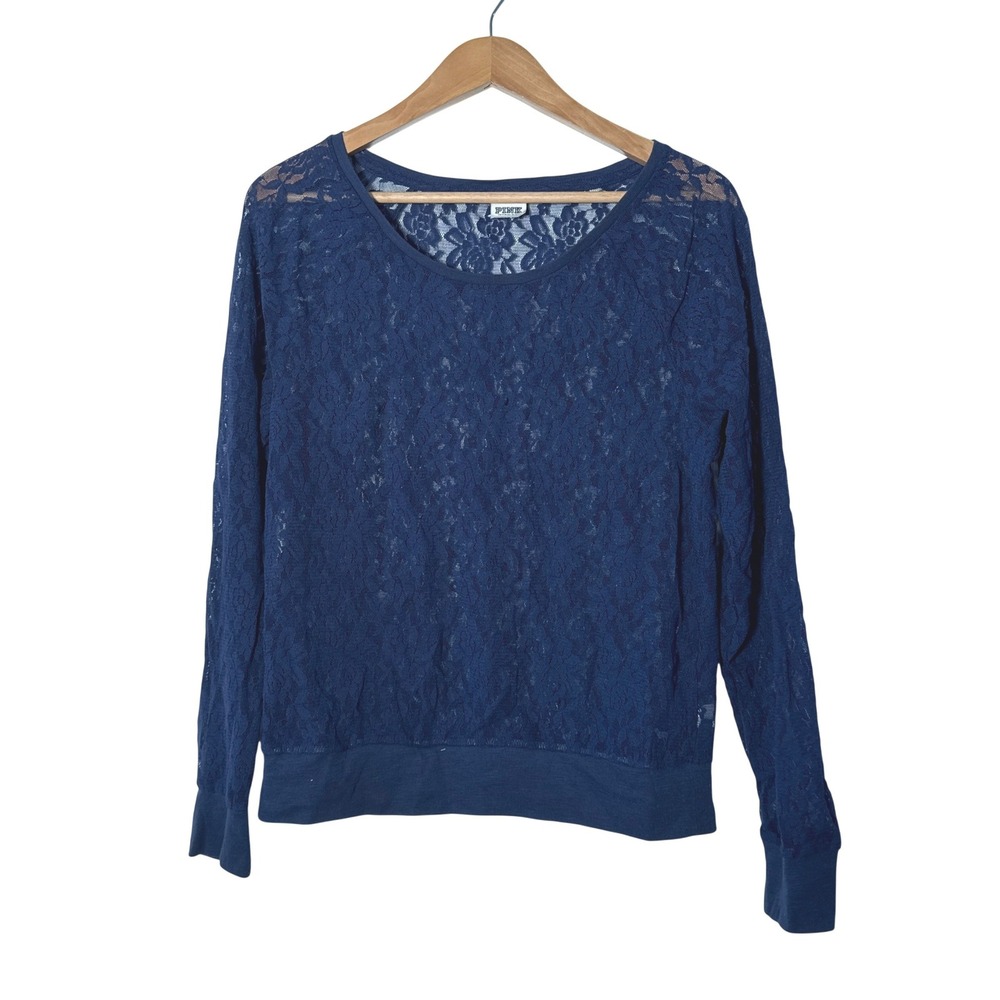 Victorias Secret PINK Navy Blue Floral Lace Long Sleeve Top Sheer